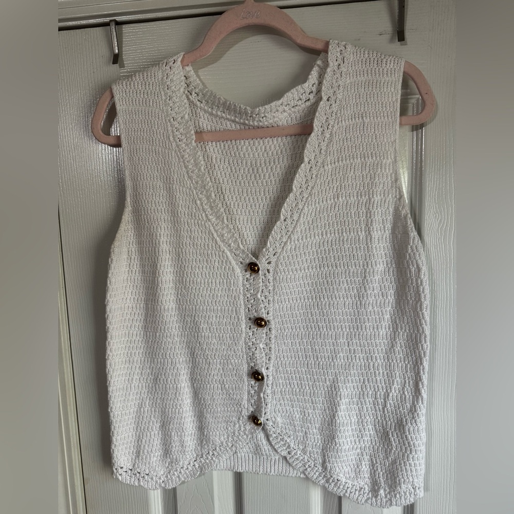 White Crochet Button-Front Womens Top
